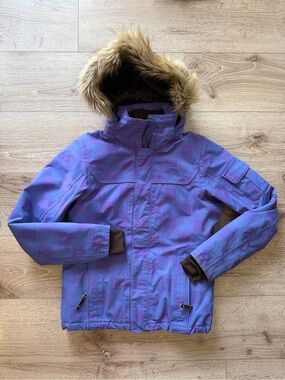 The North Face Women’s Purple Hooded Winter Jacket with Faux Fur Trim